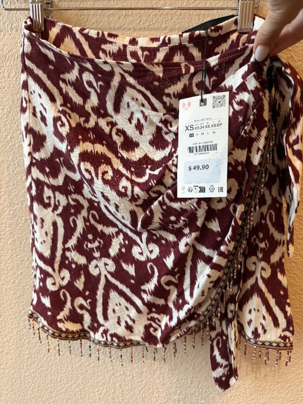 NWT Zara Maroon Ikat Wrap Mini Skirt Beaded Fringe Trim XS